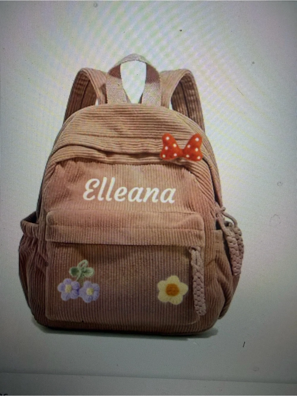 Personalized Girls' Pink Corduroy Backpack with Floral Accents